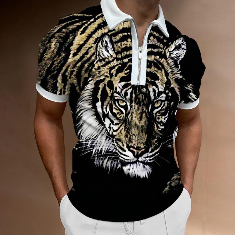 Futuristic Lion Print Short Sleeve Zip Polo, Stylish Casual Top