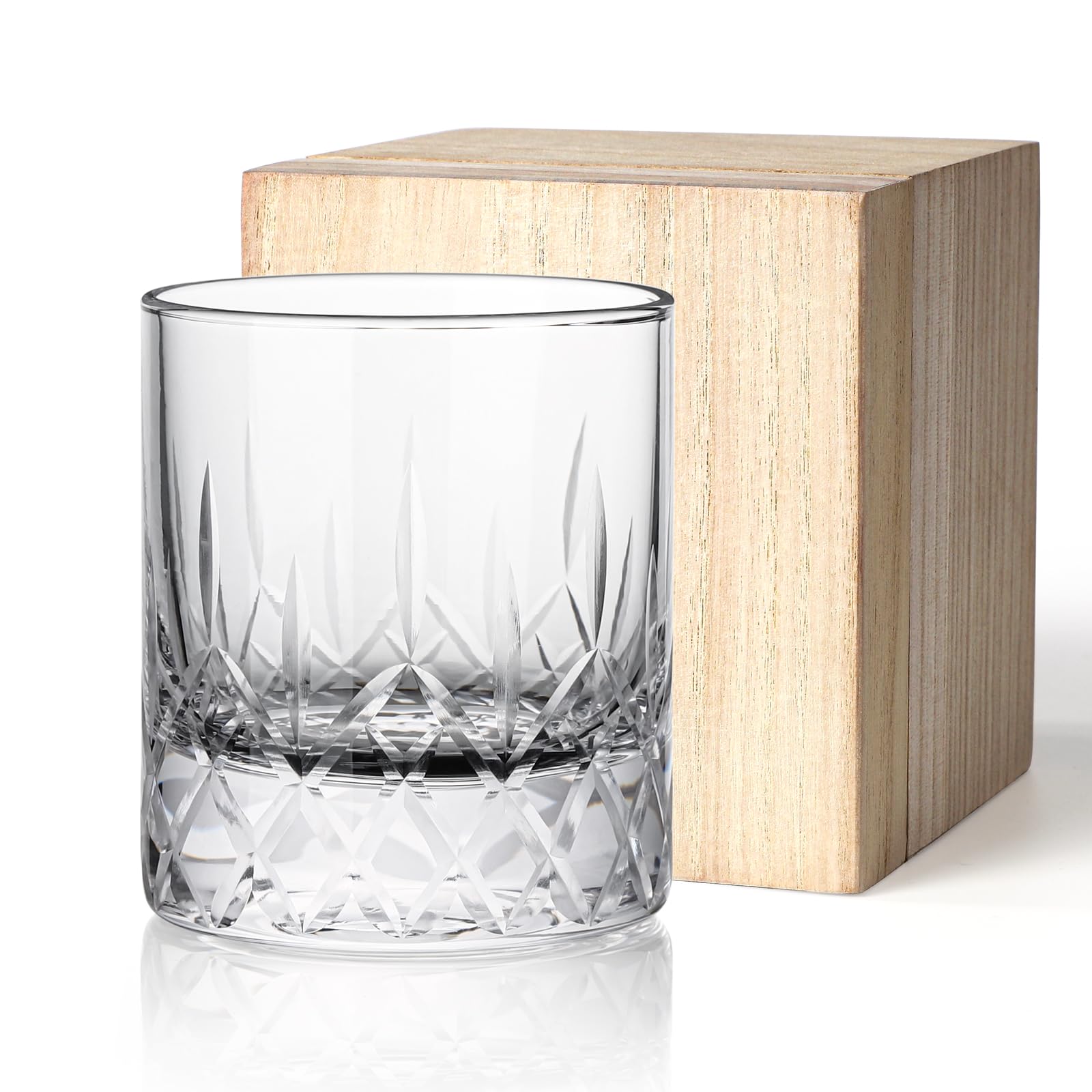 

Crystal Rocks Glass, Whiskey Glass, Hand-Carved, 260ml, Thick-Bottom Design, Wooden Box, Gift Set (Ice Flower)
