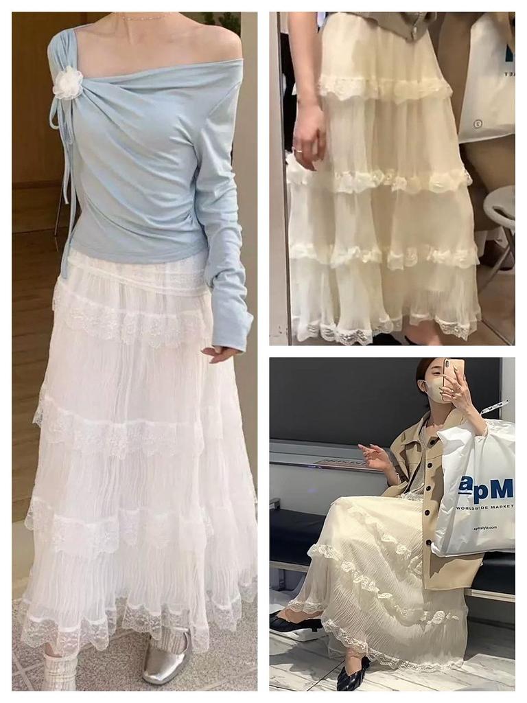 Textured Lace Layered Midi Skirt for Spring/Summer - Women's Sweet Sheer Mesh Skirt