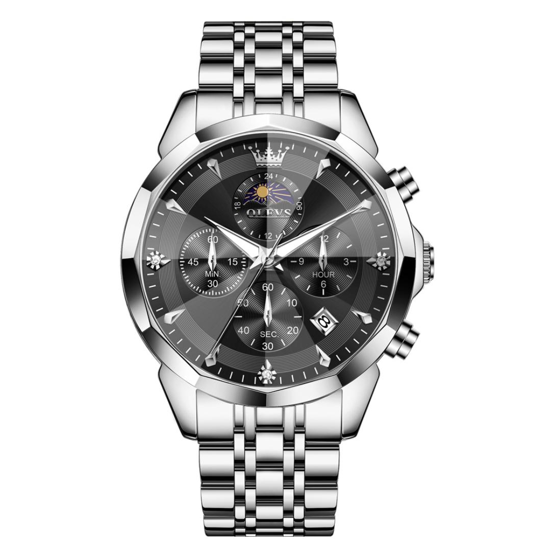 

Мужские часы бизнес кварцевые часы многофункциональные хронограф водонепроницаемые часы фазы Луны для мужчин новые чёрный/серебряный
