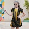 Girls Round Neck Flutter Sleeve Black Gold Geometric Printed A Line Flared Dress