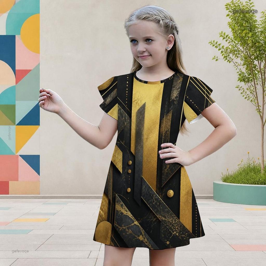 Girls Round Neck Flutter Sleeve Black Gold Geometric Printed A Line Flared Dress
