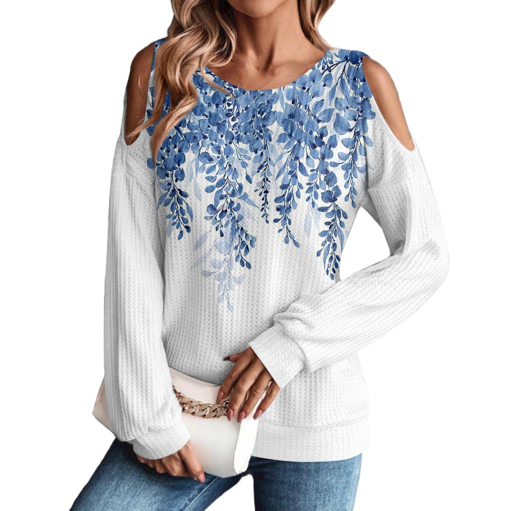 Damen Winter Oversized T-Shirt Modisch Schulterfrei Rundhals Vintage Blumendruck Pullover Langarm Oberteil