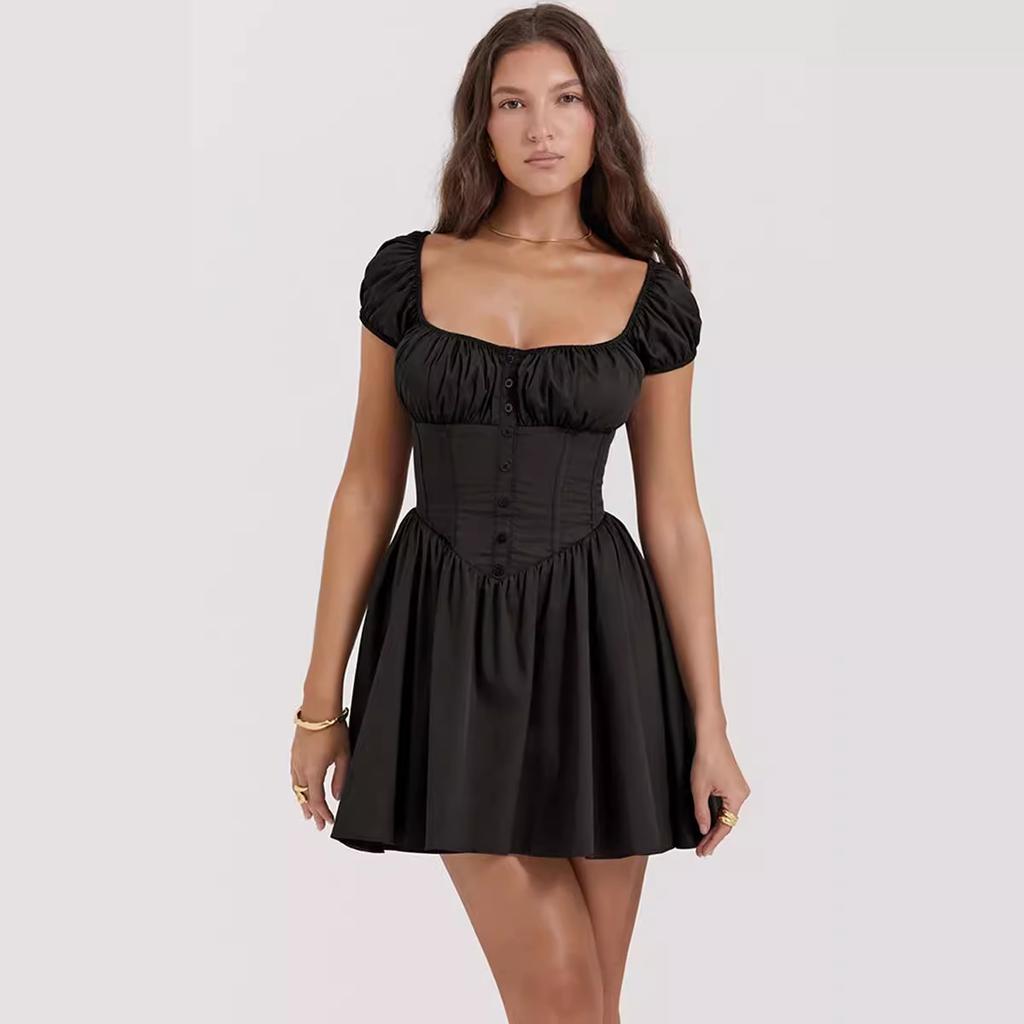 Square Collar Pleated Mini Short-sleeved Halter A-line Dress