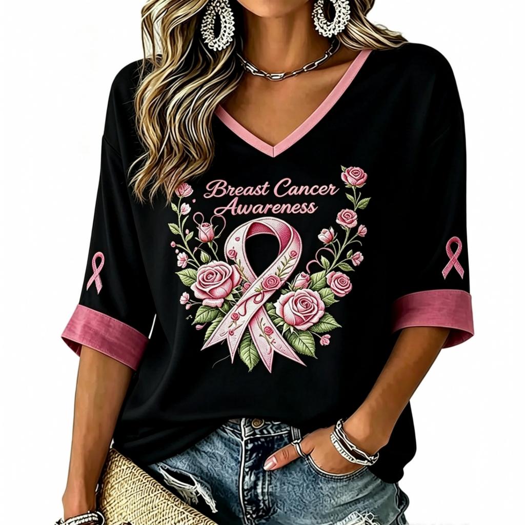 Women's V-neck anti-breast-cancer printed summer lightweight top
