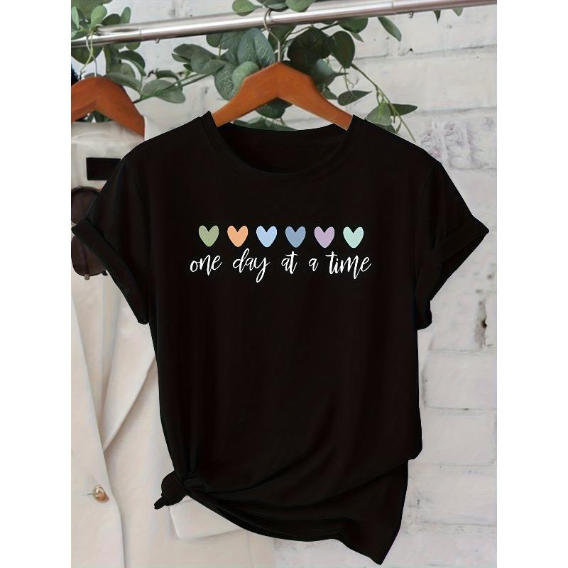 

European size Ladies Short-Sleeve Series with Colorful Heart Design Featuring One Day at a Time in a Style, Printed Round 4XL чорний