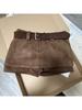 Maillard Style Women's High Waist Suede Plush Shorts with Belt - Coffee Color, Autumn/Winter Slimming Casual Pants