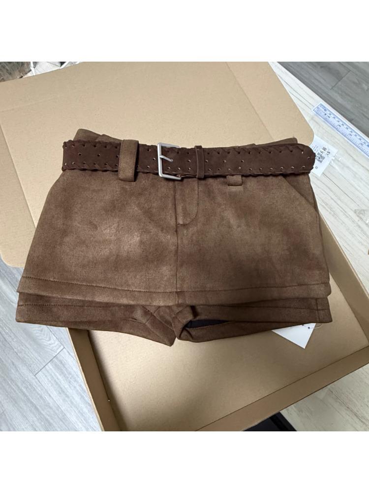 Maillard Style Women's High Waist Suede Plush Shorts with Belt - Coffee Color, Autumn/Winter Slimming Casual Pants