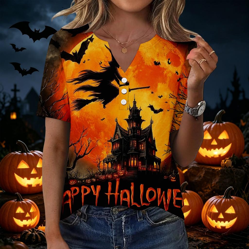 Women's Casual V Neck Button Front Top Halloween Print Short Sleeve Relaxed Fit Blouse Lightweight Breathable Fabric