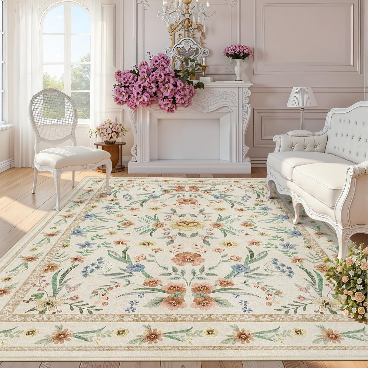 

Pink Floral Round Rug – Soft Non-Slip Washable Carpet for Nursery, Playroom & Kids’ Corner 60cm