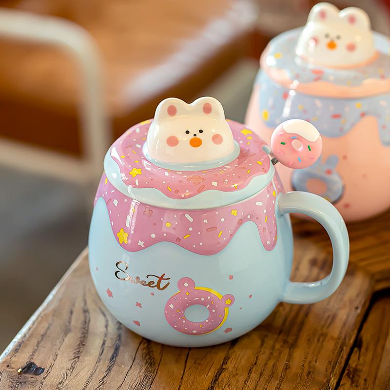 Cute Doughnut Mugs with Lid and Spoon High Appearance Level Girls' Coffee Cups Home and Office Creative Ceramic Drinking Cups