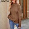 BITCED Women's Autumn/Winter Solid-Colour Knitted Top with High-Neck Cable-Knit Sweater Elegant High-Neck Base Layer
