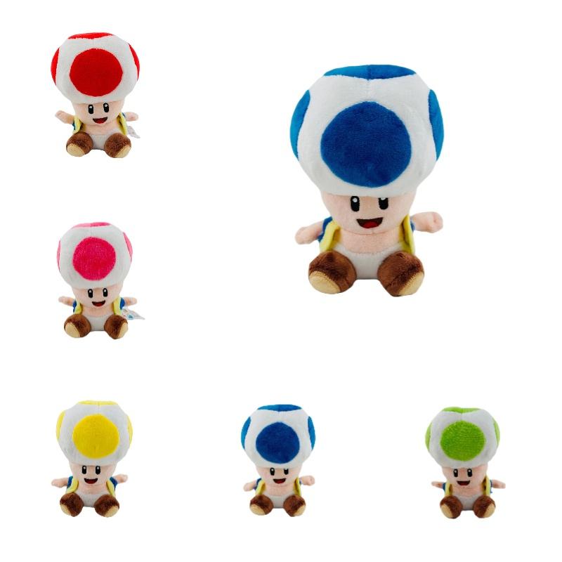 Super Mario 17cm Toad Plüschtier Mit 5 Bunten Sitzenden Pilzfiguren
