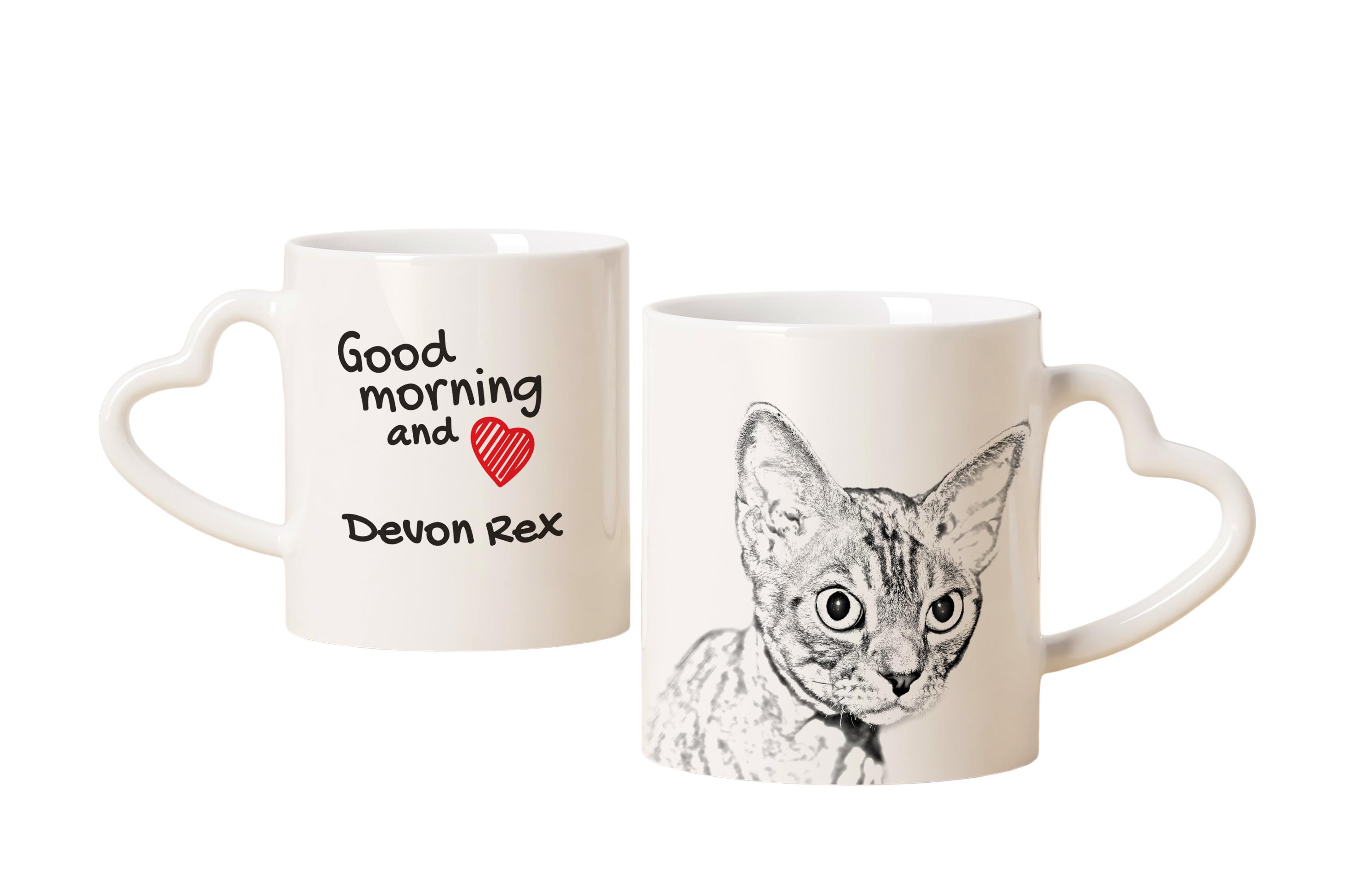 

Devon Rex - cat mug, adorable heart-shaped handle mug, universal gift from Art-Dog brand білий