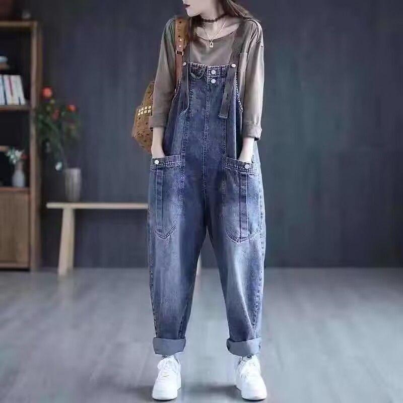 Korean Style Plus Size Women's Loose Denim Overalls - Slimming Harem Casual Jeans