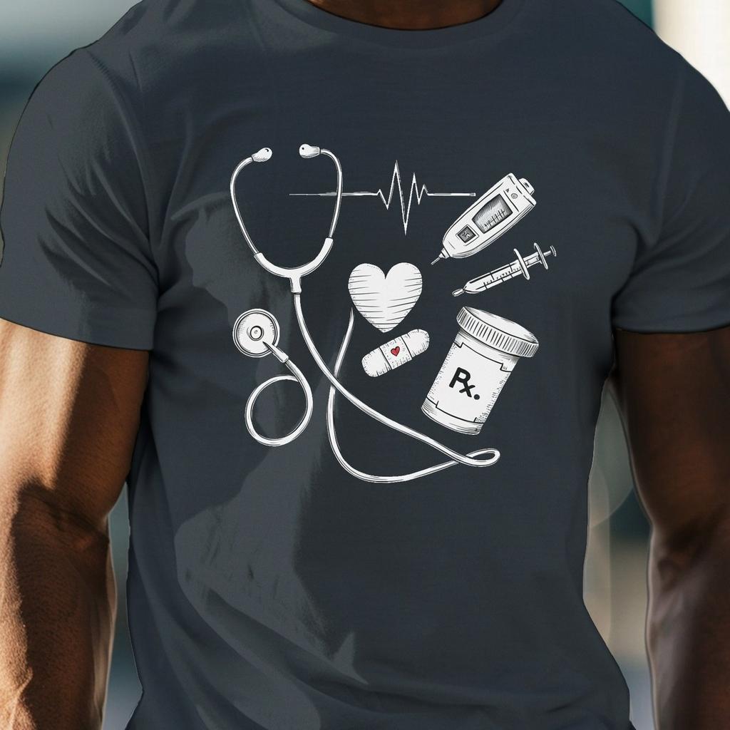 Medical Stethoscope Heartbeat Syringe Nurse Graphic Tee Mens Casual Short Sleeve Cotton TShirt
