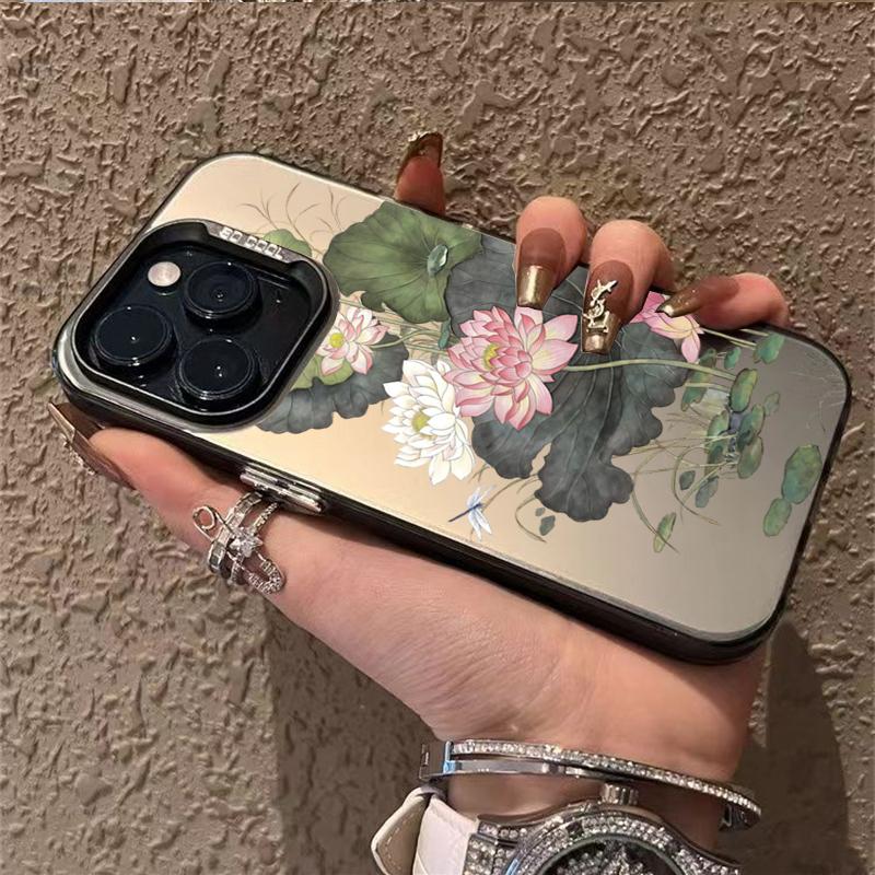 Chinese Ink Painting Lotus Pond Floral Pattern Design Protective Cover for iPhone 17 16 15 14 13 12 11 16E Series Pro Max Plus
