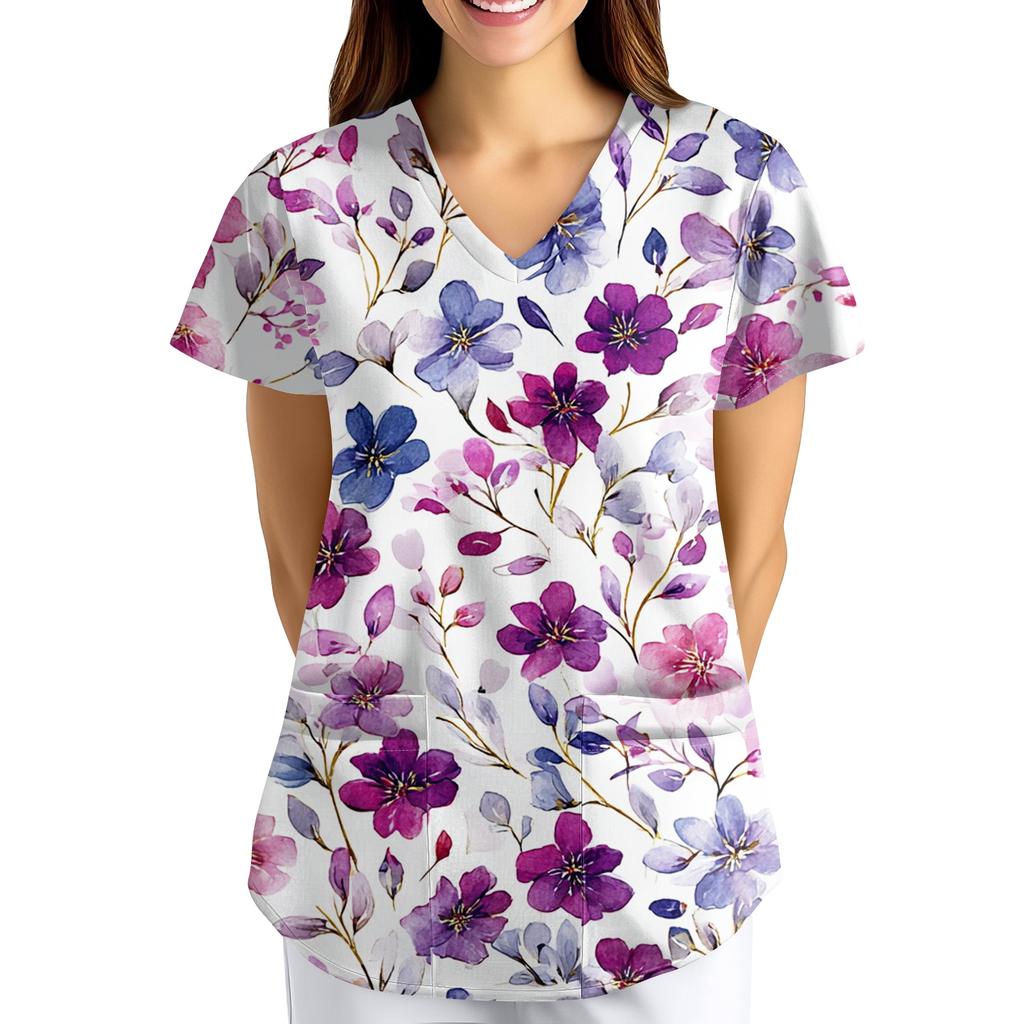 Plus SizePrinted Scrub Working Uniform Tops For Women's Cross V-Neck Print Short Sleeve Fun T-Shirts Workwear Tee With Pockets
