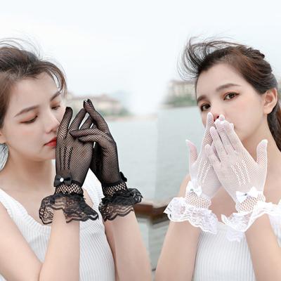 2pcs Stretch Lace Meshes Gloves Rhinestones Embellished Bows Meshes Gloves for Wedding Ceremonies