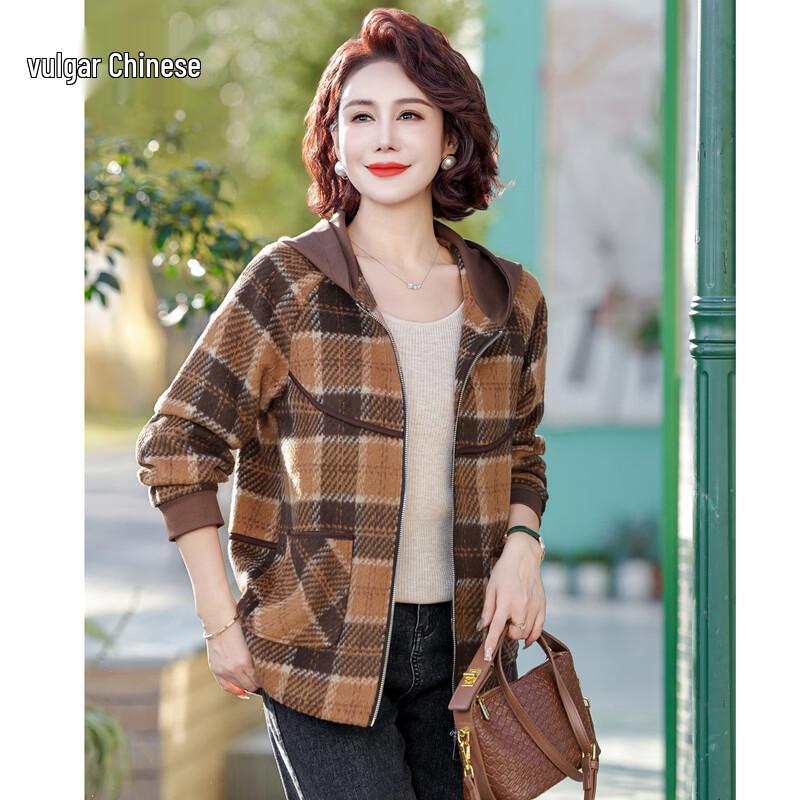 Women s Spring Plaid Hooded Jacket 5XL