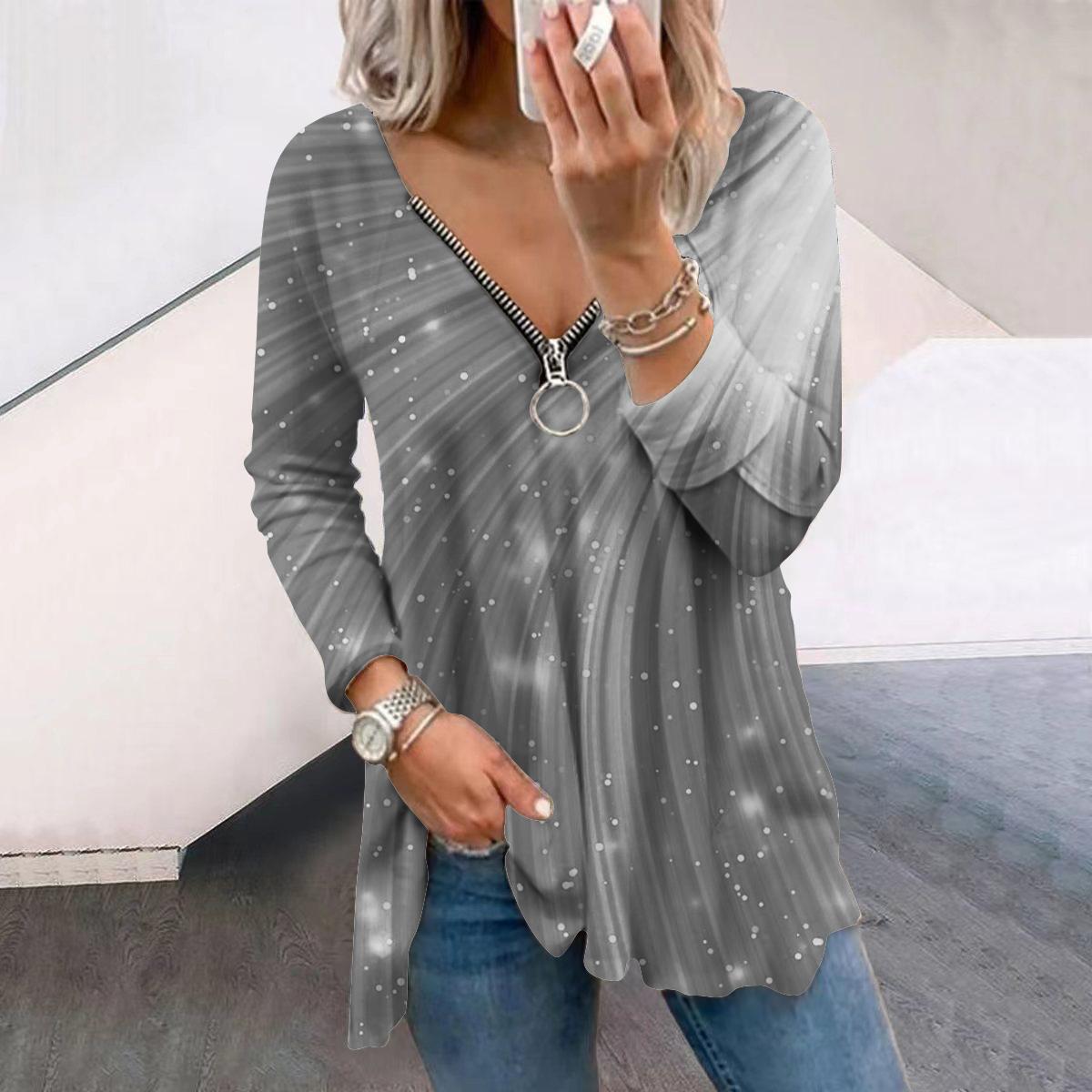 

Женские футболки с длинным рукавом и ярким принтом «Осенний звездный свет», свободные футболки больших размеров с V-образным вырезом, удобные блузки 8XL серый