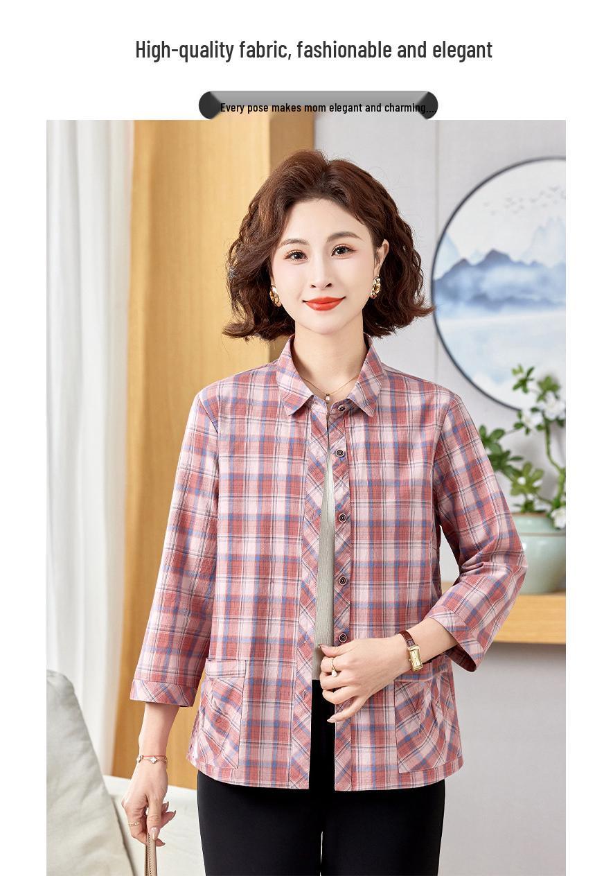 

Plaid 3/4 Sleeve Cotton Maternity Top - Loose Plus Size XXL червоний