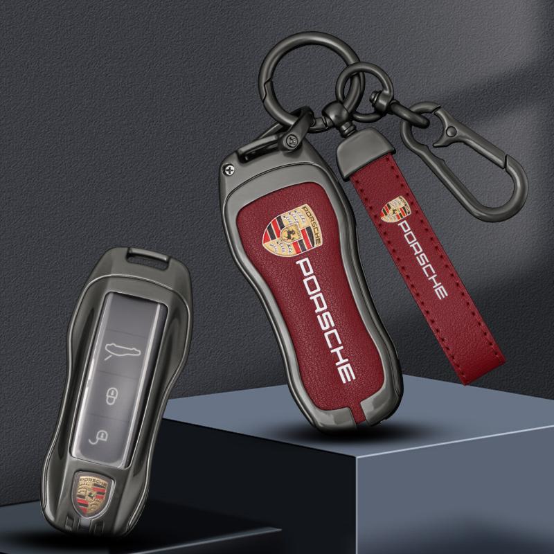BMGB9 3 Buttons Zinc Alloy Leather Car Key Case Cover Key Shell For Porsche Cayenne Panamera Macan Cayman 718 911 Taycan Sticker