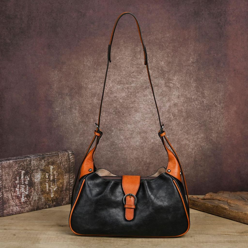 Johnature Genuine Leather Retro Women's Bag Solid Color Soft Cowhide Large Capacity Shoulder Crossbody Bag