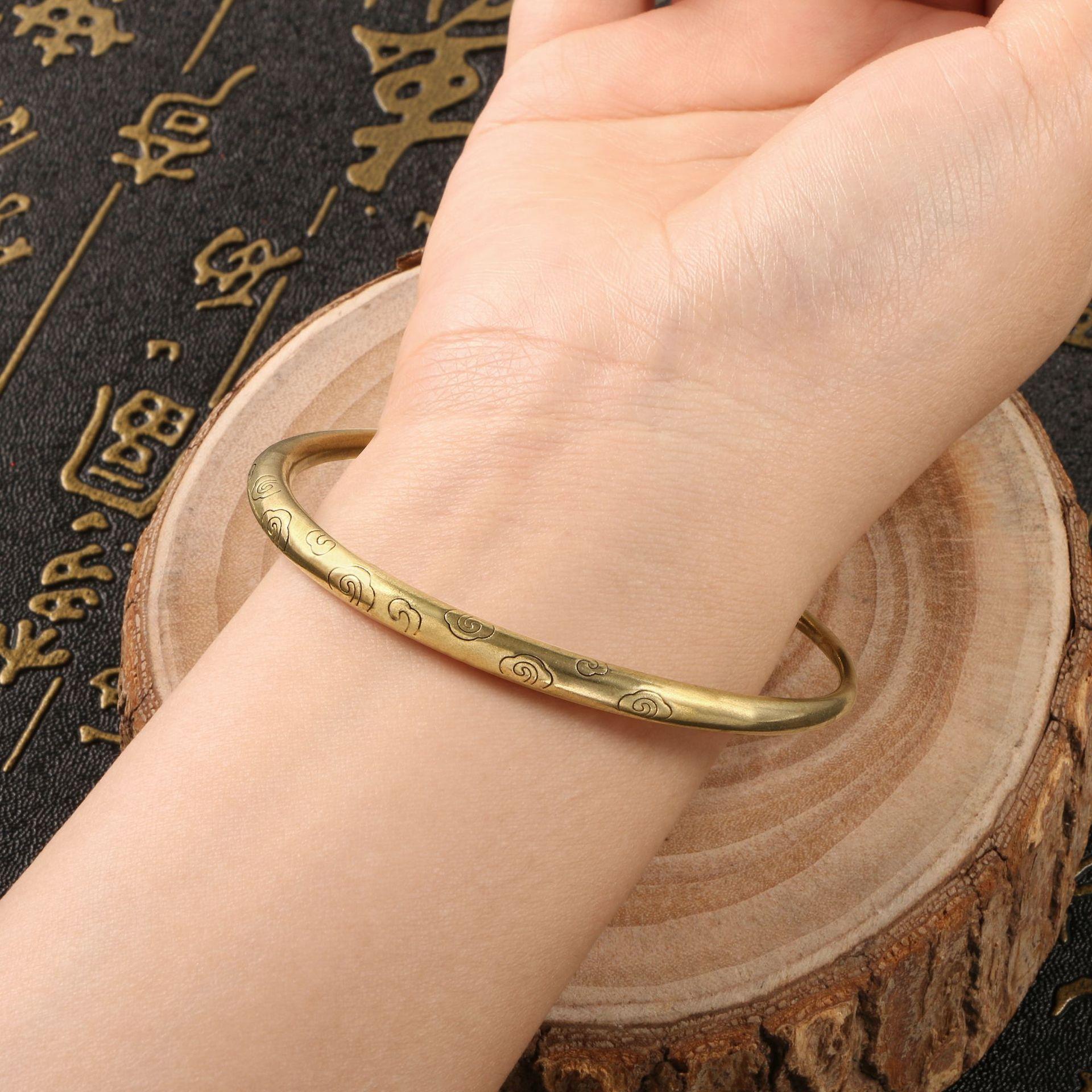 

Antique Yellow Brass Push Pull Bracelet with Cloud and Floral Motif Retro Chinese Photography Prop Bangle