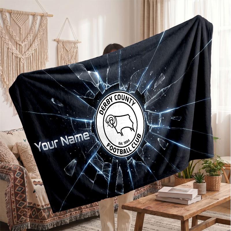 Derby County Personalisierte Fleecedecke Mit Fußballlogo, Individueller Name Text Weiche Warme Wohndecke