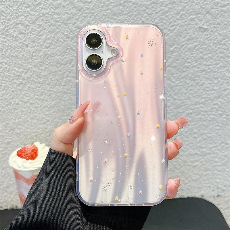 Luxury Gradient Pink Stars Laser Glitter Phone Case For iPhone 16 Pro Max 15 14 13 Pro Max Fashion Shockproof Bumper Cover