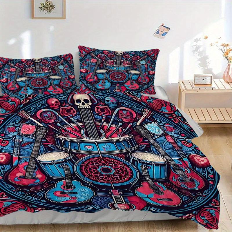 3pcs Guitars Roses Bedding Cover Set, Fashion Classic Popular Print Bedding Set, Soft Comfortable, All Season Use, For Bedroom, Guest Rooma0819128