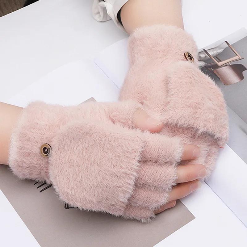 

Women s Winter Gloves Warm Plush Student Flip Top Mittens Writing Office Soft Fluffy Outdoor Thick Anti-Cold Half-Finger Gloves рожевий