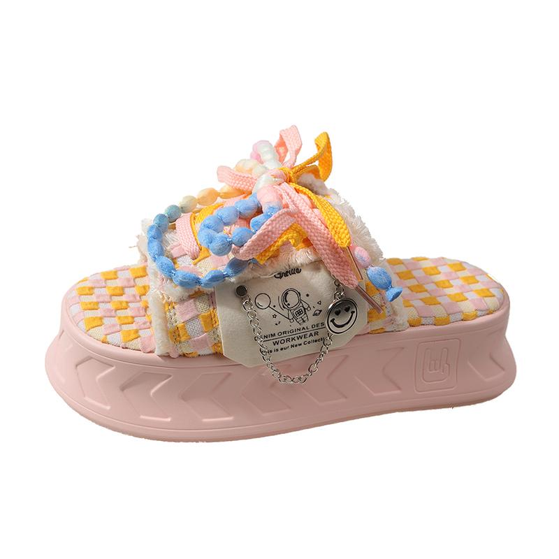 Fashion 6cm Cute Kawaii Fashion Graffiti Slippers Women's Thick Soles Raised Canvas Line Drag for Women's Trendy Muffins  External Wear