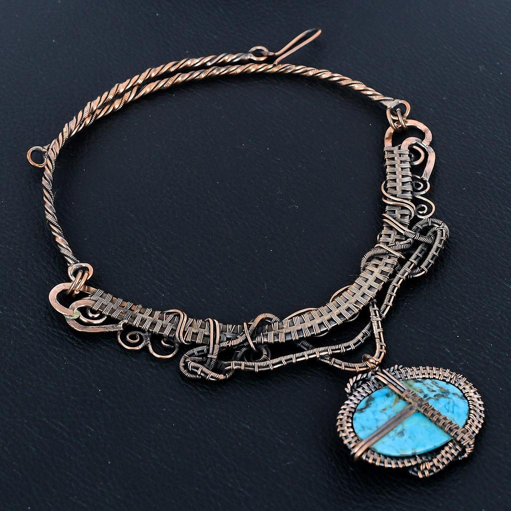 Turquoise 999 Copper Wire Wrapped Necklace with Adjustable Chain, Handmade Gemstone Jewelry Necklace For Memorial Day