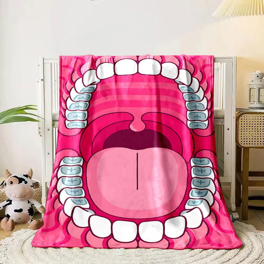 

The pattern shows a stylized open mouth with teeth, braces, and a tongue. for all seasons blanket lunch break throw gift 80cm x 120cm