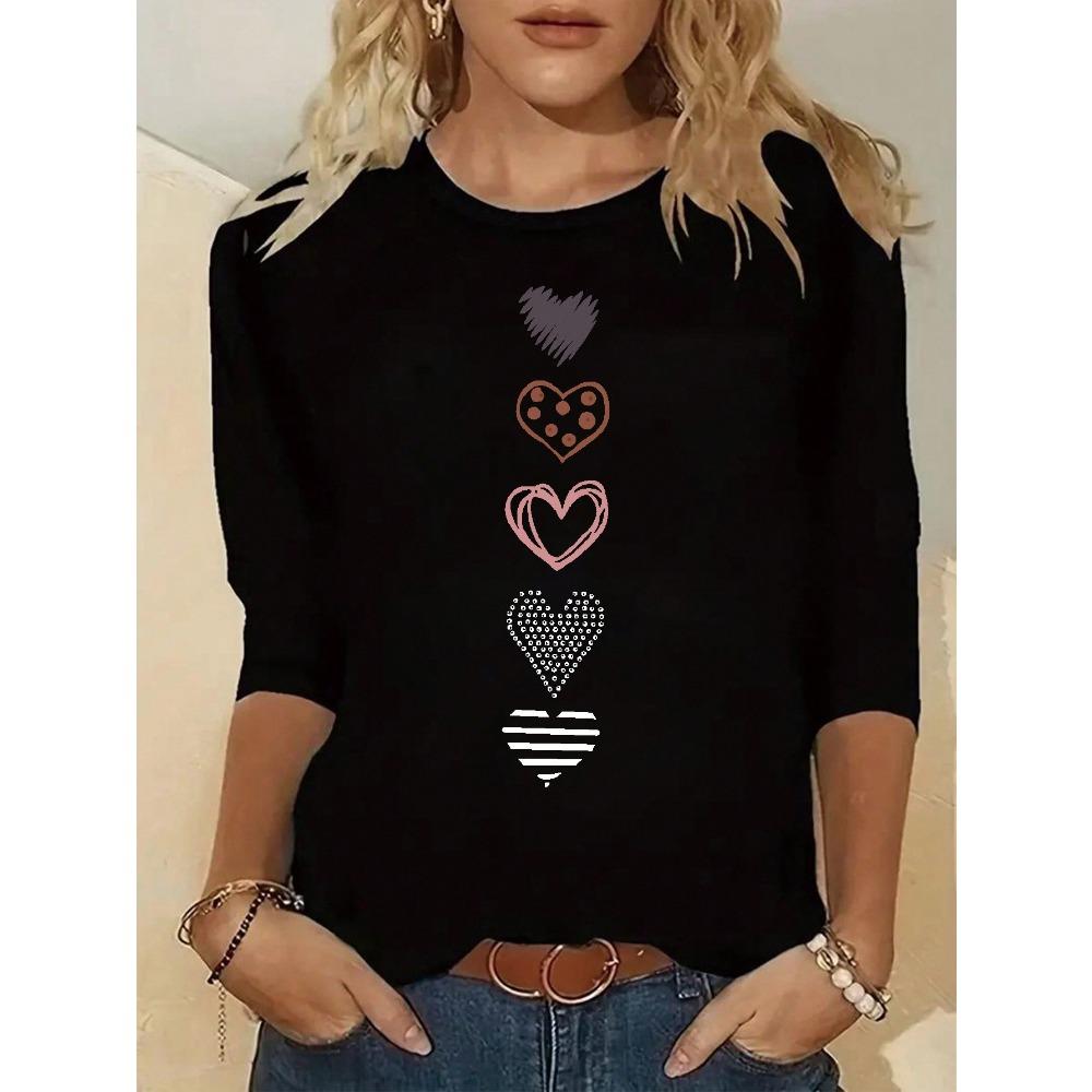 2026 Women's Casual Elegant Spring/Summer Large Love Printed Solid Color Loose Round Neck Long Sleeve T-shirt