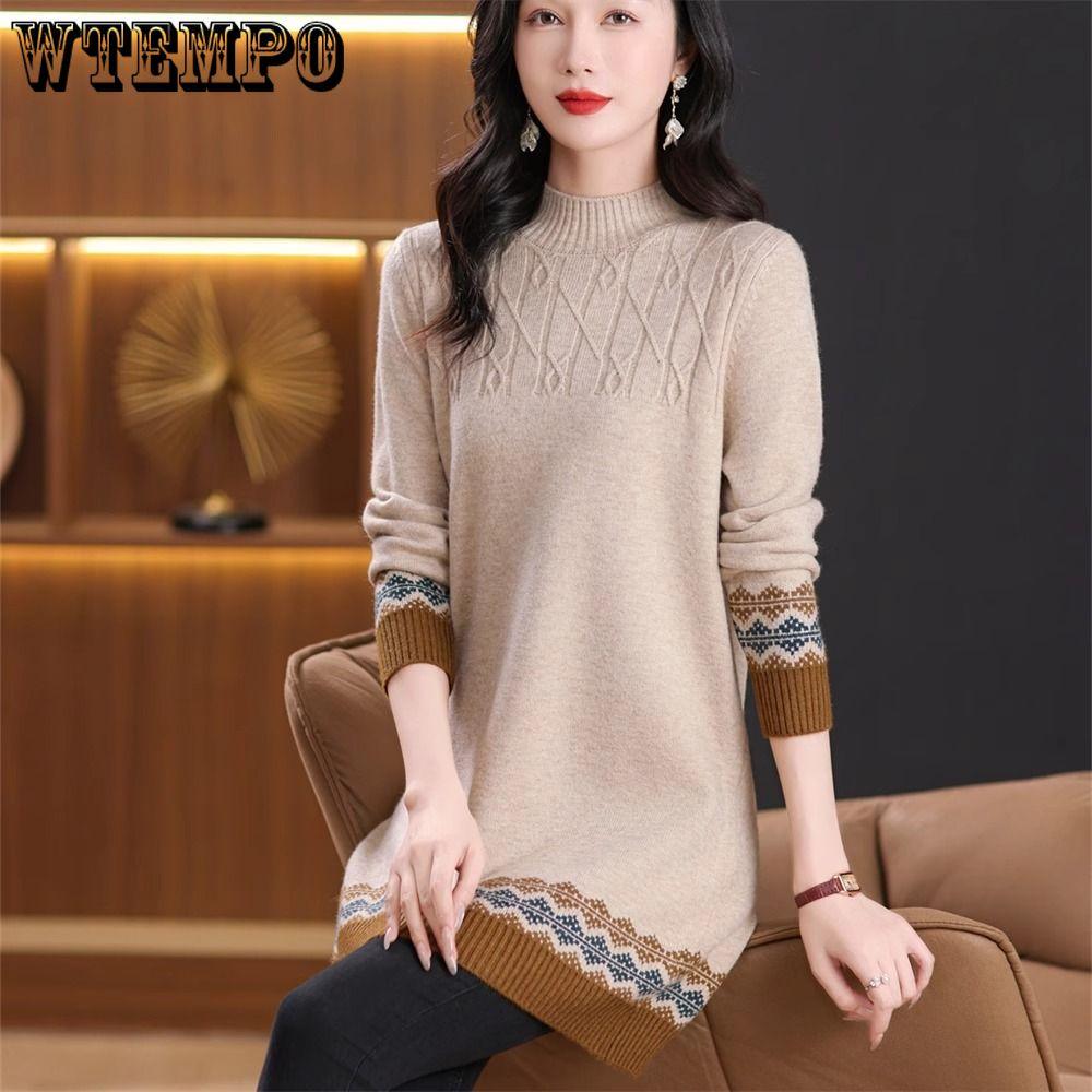 Half Turtleneck Knitted Sweater Women's Color Block Loose Mid-length Sweater Knitted Sweater Long-sleeved Casual Pullover Autumn and Winter Top