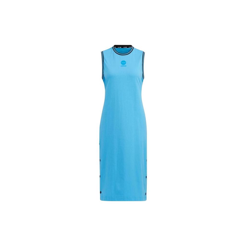 Adidas Neo Solid Color Side Button Round Neck Sleeveless Dress Women Dresses Blue HN0014