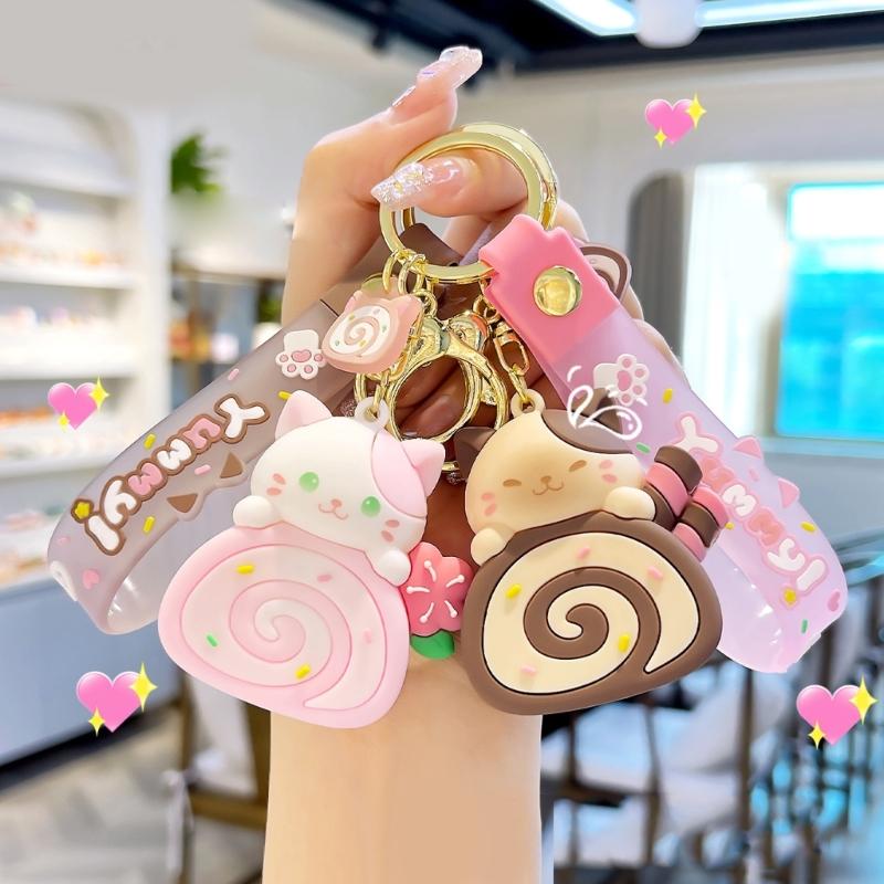 Cartoon Cat Cake Roll Keychain Jewelry Chic Cat Cake Roll Pendant Keyrings Phone Lanyard Key Chain Charm for Bag Purse