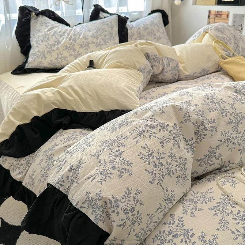 1.5/1.8 Korean Style 100% Cotton Fitted Sheet Sets with Lace Flower Print Bedding Set for Seasons Home Bedclothes for Adult Kids