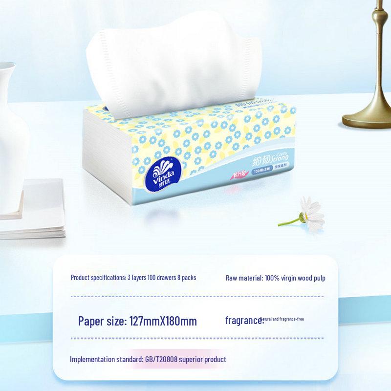 Vinda 3-Ply Fragrance-Free Facial Tissue: 8 Packs of 100 Sheets, Fine & Durable.