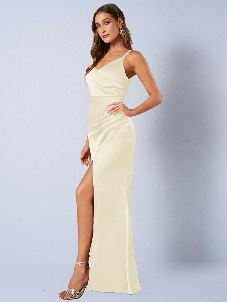 Women's Japanese Silk-like Satin Dress – Spring/Autumn, Sexy Pleated Bridesmaid/Formal Skirt