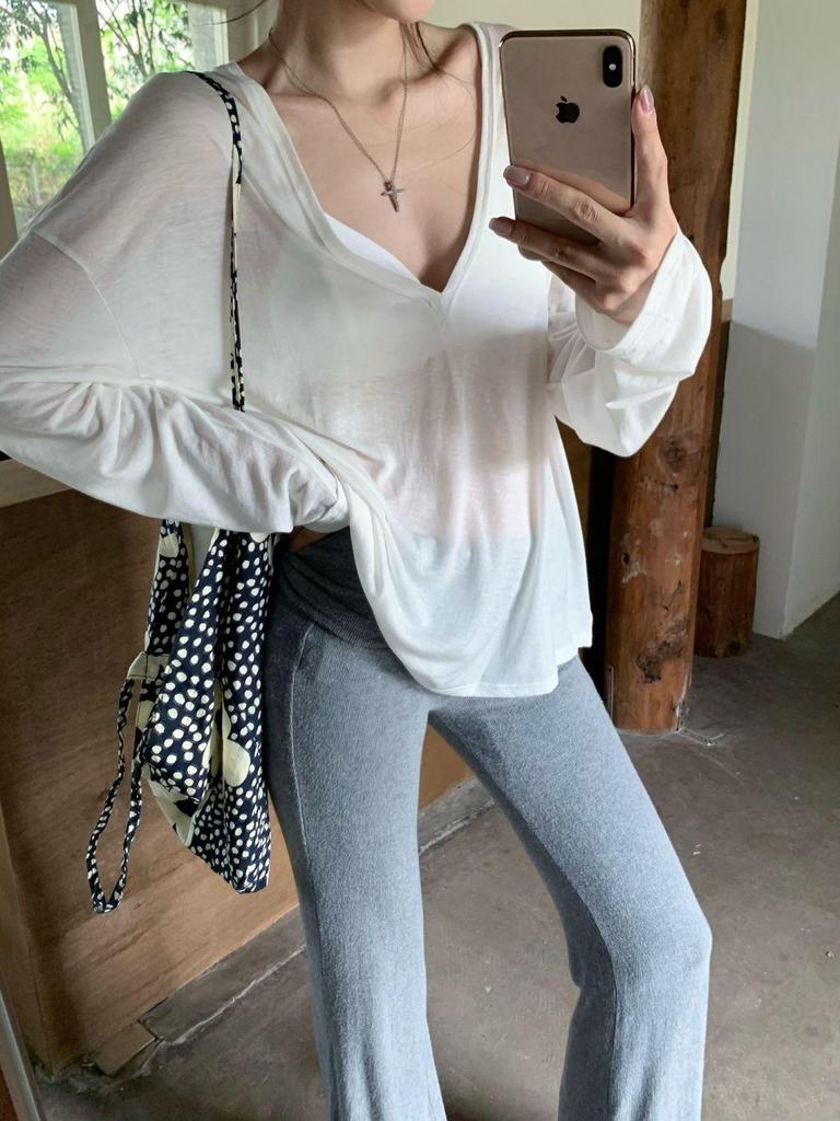 Tencel V-neck Ribbed Sheer Long Sleeve Loose Sun Protection Women's Top