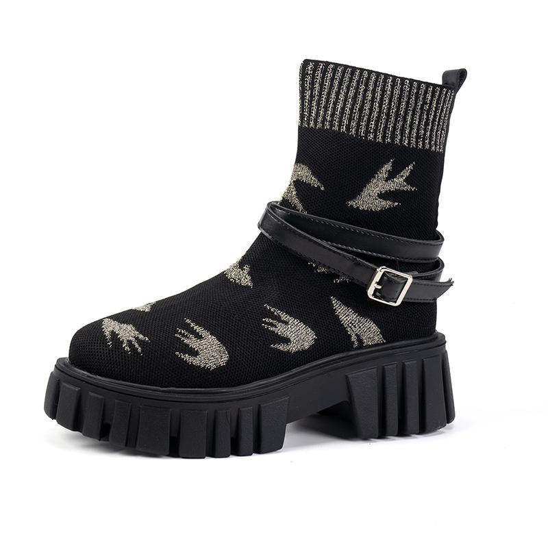 Fashion Platform Women Sock Ankle Boots Flats Knitting Stretch Shoes Buckle Woman 2025 Trend Fashion Snow Boots Goth New Muejr Botas