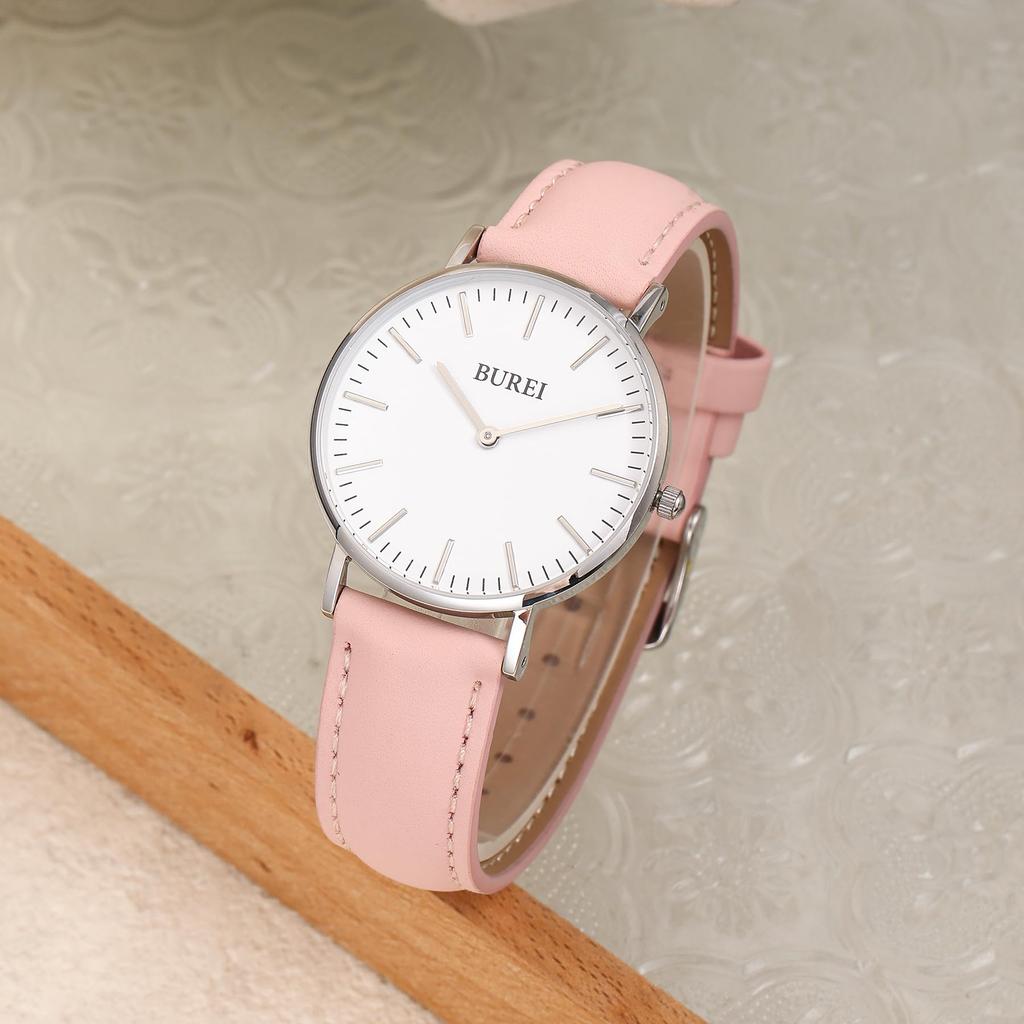 BUREI Women's Analog Quartz Watch Pink Leather Band Simple Stylish Cute Popular Brand Commuting School Watch for Women Slim Lightweight