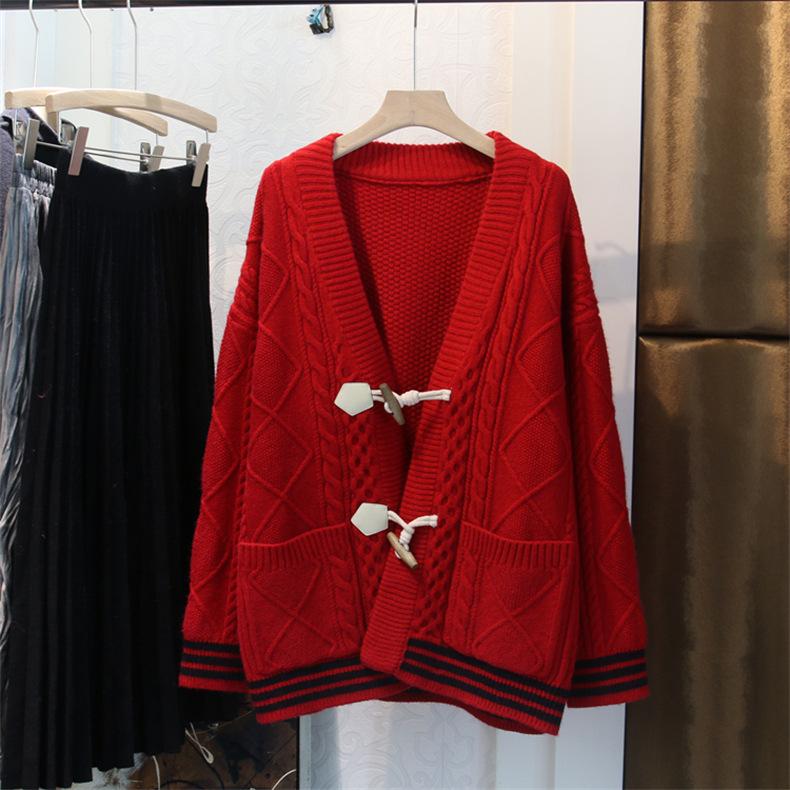 Fall Winter Wool Cardigan Women's Mid-length V-neck Sweater Loose Thick Cashmere Knitted Jacket