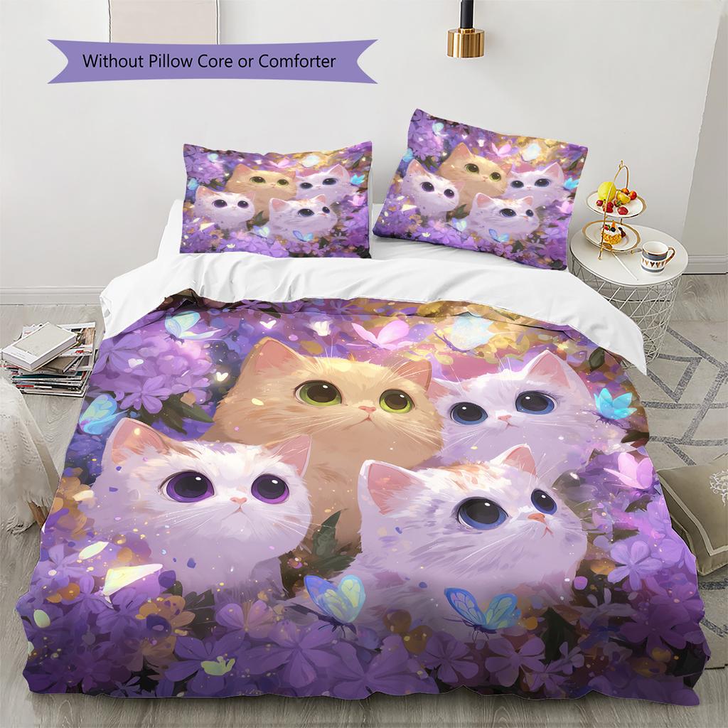 Purple Tabby Cat Pattern Bedding Quilt Set Quilt Cover Pillowcase Home Decoration Gift (1 * duvet cover + 2 * pillowcase, without core)