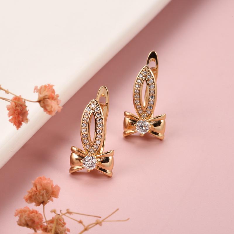 Elegant Bow Zircon Earrings: Copper-Plated, Real Gold for Women, European & American Fashion