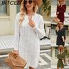 BITCED Autumn/Winter Twisted-Knit Mid-Length Knitted Dress Solid-Colour Slit-Hem Loose-Fit Pullover Women's Wool Dress